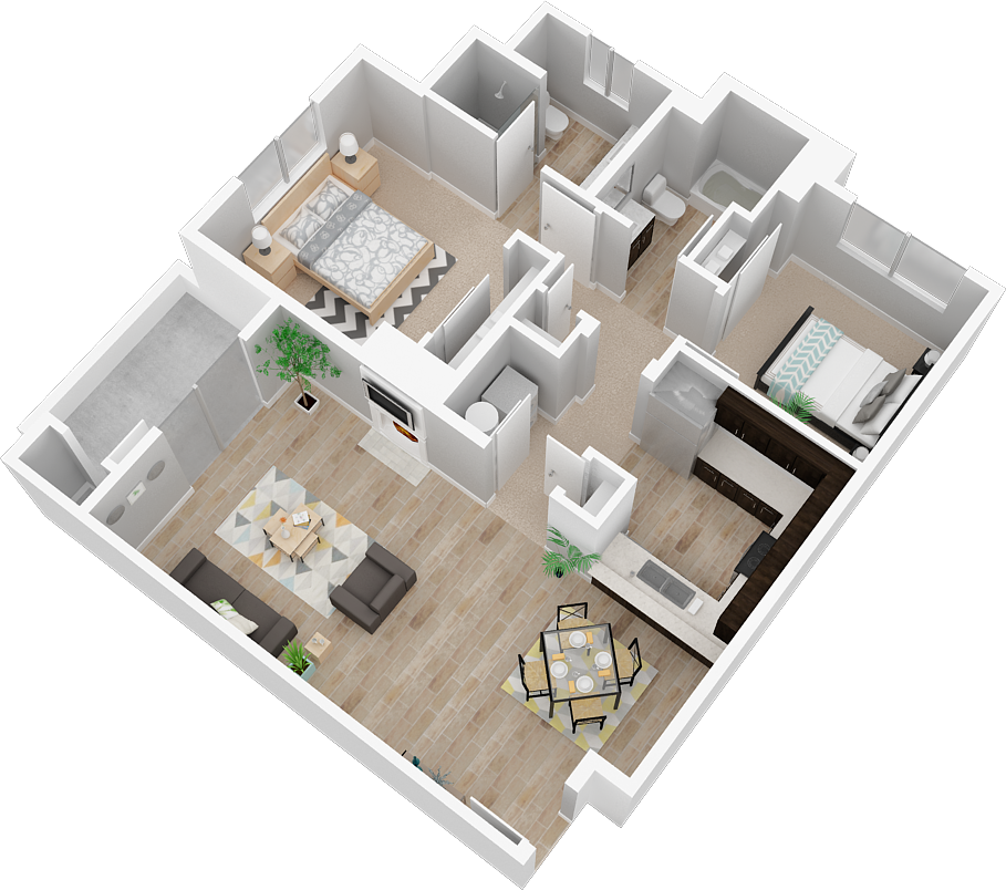 Floor plan for 2 beds, 2 baths, 1067 sqft